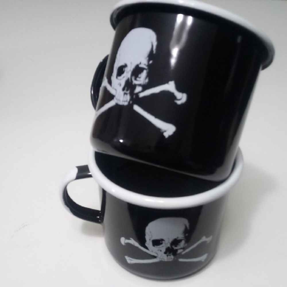 Back Rifle Coffee Co Skull and Crossbones Enamel Mugs Set of 2